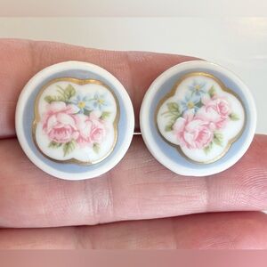 3 for 20 Romantic Pink Rose Porcelain Button Earrings | Blue & Gold Detail